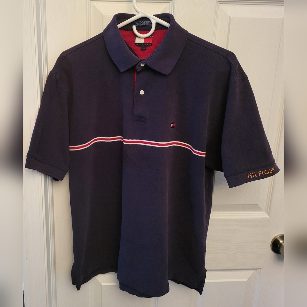 Tommy Hilfiger Men's L Large Blue with Red & White Stripe Retro Cotton Polo